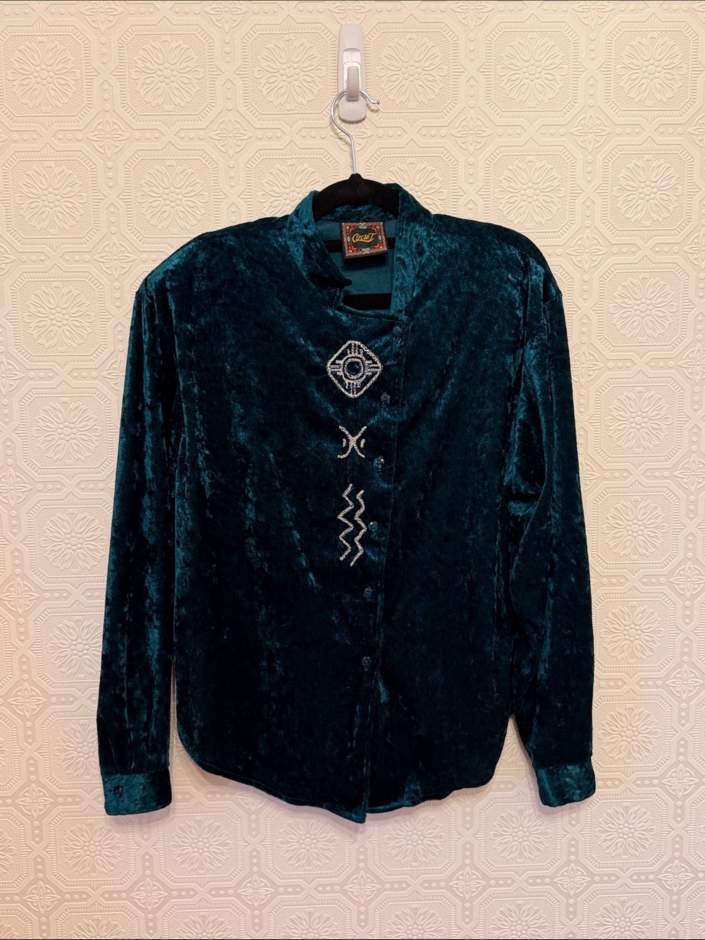 ⭐️ Vintage Circle T Western Wear Teal Velvet Embroidered Button-Up Top Size M